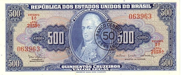 50 centavos (Zarf 500 cruzeiros banknot üzerine basılmıştır)