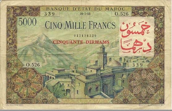 50 dirhams (5000 frank olarak basılmıştır)